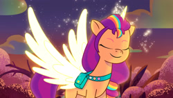 Size: 3072x1727 | Tagged: safe, imported from derpibooru, screencap, sunny starscout, alicorn, pony, spoiler:g5, spoiler:my little pony: tell your tale, spoiler:tyts01e42, eyes closed, female, firework-ing together, g5, glowing, glowing horn, high res, horn, mane stripe sunny, mare, my little pony: tell your tale, race swap, smiling, solo, spread wings, sunnycorn, wings, youtube link