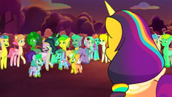 Size: 3072x1727 | Tagged: safe, imported from derpibooru, screencap, pipp petals, sunny starscout, alicorn, earth pony, pegasus, pony, unicorn, spoiler:g5, spoiler:my little pony: tell your tale, spoiler:tyts01e42, :o, alpine aspen, bongo beats, cherry flyaway, dahlia, female, filly, firework-ing together, flare (g5), foal, g5, glory (g5), high res, jazz hooves, lemon gear, male, mare, my little pony: tell your tale, onyx, open mouth, open smile, peach fizz, pippsqueak trio, pippsqueaks, race swap, rocky riff, seashell (g5), smiling, stallion, sunnycorn, windy (g5), youtube link