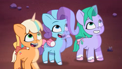 Size: 3072x1727 | Tagged: safe, imported from derpibooru, screencap, earth pony, pegasus, pony, unicorn, spoiler:g5, spoiler:my little pony: tell your tale, spoiler:tyts01e42, female, filly, firework-ing together, foal, g5, glory (g5), grin, high res, my little pony: tell your tale, open mouth, open smile, peach fizz, pippsqueak trio, pippsqueaks, seashell (g5), smiling, trio, trio female, youtube link