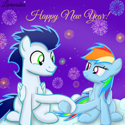 Size: 1300x1300 | Tagged: safe, artist:mlplary6, imported from derpibooru, rainbow dash, soarin', pegasus, pony, female, fireworks, happy new year, happy new year 2023, holding hooves, holiday, looking at each other, looking at someone, male, mare, shipping, smiling, smiling at each other, soarindash, stallion, straight