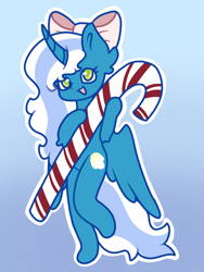 Size: 768x1024 | Tagged: safe, artist:racheldragon21, imported from derpibooru, oc, oc only, oc:fleurbelle, alicorn, semi-anthro, :d, alicorn oc, bow, candy, candy cane, christmas, female, food, hair bow, happy, holiday, horn, mare, open mouth, open smile, simple background, smiling, solo, wings, yellow eyes