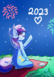 Size: 2480x3508 | Tagged: safe, artist:exobass, imported from derpibooru, minuette, pony, unicorn, female, fireworks, mare, new years eve, night, redraw, solo