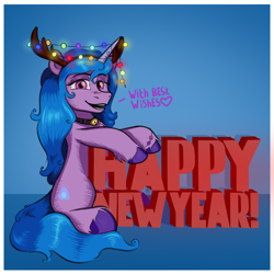 Size: 2000x2000 | Tagged: safe, artist:oldman, imported from derpibooru, izzy moonbow, pony, unicorn, antlers, blue background, bracelet, christmas, christmas lights, female, friendship bracelet, g5, happy new year, holiday, jewelry, mare, simple background, solo, unshorn fetlocks