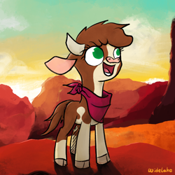 Size: 3000x3000 | Tagged: safe, artist:widelake, imported from derpibooru, cow, them's fightin' herds, arizona (tfh), bandana, cloven hooves, community related, desert, female, open mouth, open smile, smiling, solo, sunset