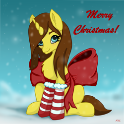 Size: 4134x4134 | Tagged: safe, artist:palettenight, imported from derpibooru, oc, oc only, pony, unicorn, blue eyes, bow, christmas, clothes, fluffy, happy new year, holiday, merry christmas, secret santa, snow, snowfall, socks, solo, striped socks, winter