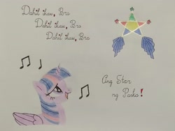Size: 4160x3120 | Tagged: safe, artist:don2602, imported from derpibooru, twilight sparkle, alicorn, pony, comic:star of christmas, abs cbn all star, filipino, lantern, looking up, music notes, singing, song reference, traditional art, translated in the description, twilight sparkle (alicorn)