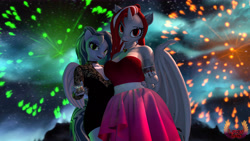 Size: 7680x4320 | Tagged: safe, artist:loveslove, imported from derpibooru, oc, oc only, oc:lovers, oc:skye light, anthro, bat pony, bat pony unicorn, hybrid, pegasus, unicorn, 3d, absurd file size, absurd resolution, bat ears, bat pony oc, bat wings, black dress, black lipstick, blurry background, breasts, busty oc, clothes, dress, duo, duo female, female, fireworks, folded wings, glass, happy new year, happy new year 2023, holiday, horn, jewelry, lipstick, looking at you, nail polish, necklace, night, night sky, pegasus oc, sky, smiling, smiling at you, tail, wings