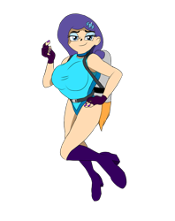 Size: 795x1005 | Tagged: safe, artist:danielwolfearts, artist:holdenwolfart, imported from derpibooru, rarity, human, big breasts, breasts, busty rarity, clothes, floating, flying, hand on hip, humanized, jetpack, leotard, looking at you, simple background, smiling