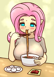 Size: 2508x3541 | Tagged: safe, artist:sigpi, imported from derpibooru, fluttershy, anthro, blushing, breasts, busty fluttershy, chopsticks, eating, female, food, noodles, ramen, solo, sweat