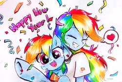 Size: 2555x1725 | Tagged: safe, artist:liaaqila, imported from derpibooru, rainbow dash, human, pegasus, pony, equestria girls, confetti, cute, dashabetes, duality, duo, duo female, eyes closed, female, grin, happy new year, heart, holiday, human ponidox, open mouth, open smile, self paradox, self ponidox, simple background, smiling, speech bubble, traditional art, white background
