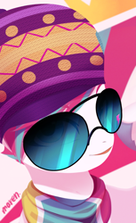 Size: 1897x3109 | Tagged: safe, artist:maren, imported from derpibooru, zipp storm, pegasus, pony, clothes, female, g5, hat, looking at you, mare, open mouth, scarf, solo, sunglasses