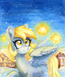 Size: 1100x1295 | Tagged: safe, artist:maytee, imported from derpibooru, derpy hooves, pegasus, pony, night, snow, solo, winter