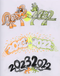 Size: 3175x4000 | Tagged: safe, artist:ja0822ck, imported from derpibooru, oc, pony, 2022, 2023, happy new year, high five, holiday, ponified, rule 85, traditional art