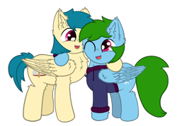 Size: 2500x1786 | Tagged: safe, artist:fliegerfausttop47, artist:sweetielover, imported from derpibooru, oc, oc only, oc:icy, oc:vel, pegasus, pony, derpibooru community collaboration, 2023 community collab, blue mane, cheek fluff, chest fluff, clothes, couple, cute, daaaaaaaaaaaw, duo, duo male, ear fluff, female, fluffy, green mane, green tail, happy, hoof fluff, hug, leg fluff, magenta eyes, male, pegasus oc, simple background, smiling, straight, tail, transparent background, wing fluff, wings