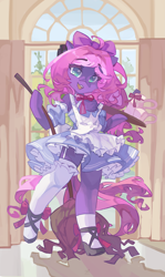 Size: 3265x5471 | Tagged: safe, artist:saxopi, imported from derpibooru, oc, oc only, oc:lillybit, earth pony, semi-anthro, adorkable, bow, clothes, commission, cute, dork, earth pony oc, gaming headset, headphones, headset, maid, platter, ribbon, smiling, stockings, thigh highs