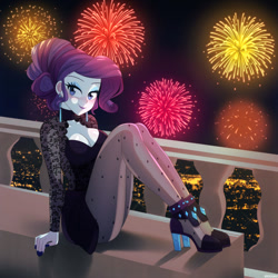 Size: 800x800 | Tagged: safe, artist:riouku, imported from derpibooru, rarity, human, equestria girls, 2023, balcony, beautiful, blushing, choker, clothes, cute, dress, ear piercing, earring, eyeshadow, female, fireworks, happy new year, happy new year 2023, high heels, holiday, jewelry, lace, lipstick, looking at you, makeup, nail polish, new year, night, piercing, raribetes, shoes, solo, stockings, thigh highs