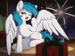 Size: 3200x2400 | Tagged: safe, artist:zylgchs, imported from derpibooru, oc, oc only, oc:cynosura, pegasus, pony, fireworks, holiday, pegasus oc, present, solo, yawn