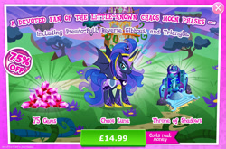 Size: 1962x1298 | Tagged: safe, imported from derpibooru, princess luna, alicorn, bat pony, bat pony alicorn, pony, advertisement, armor, bat ponified, bat wings, bush, chaos, costs real money, crown, english, female, gameloft, gem, horn, jewelry, lunabat, mare, mobile game, my little pony: magic princess, numbers, official, race swap, regalia, sale, solo, solo focus, spread wings, text, throne, torch, wings