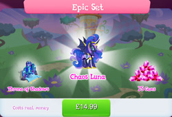 Size: 1262x856 | Tagged: safe, imported from derpibooru, princess luna, alicorn, pony, armor, bat wings, bundle, bush, chaos, costs real money, crown, english, female, gameloft, gem, horn, jewelry, mare, mobile game, my little pony: magic princess, numbers, official, regalia, sale, solo, solo focus, spread wings, text, throne, torch, wings