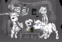 Size: 2480x1709 | Tagged: safe, artist:damset, imported from derpibooru, oc, oc only, oc:da-mset, changeling, 3d, cider, cloak, clothes, destruction, drunk, g1, g2, g3, g3.5, happy new year, happy new year 2023, holiday, monochrome, one eyed, party, pony in a bottle, squatpony, t pose, warp-zone