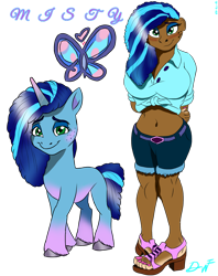 Size: 2248x2840 | Tagged: safe, artist:holdenwolfart, imported from derpibooru, human, pony, unicorn, blushing, clothes, dark skin, do not steal, fake cutie mark, front knot midriff, g5, midriff, misty brightdawn, shorts, simple background, smiling, transparent background