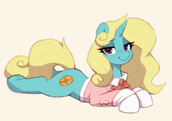 Size: 1156x814 | Tagged: safe, artist:orchidpony, imported from derpibooru, oc, oc only, oc:seafoam breeze, pony, unicorn, ascot, clothes, female, horn, lying down, mare, shirt, socks, solo, unicorn oc