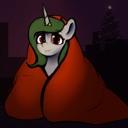 Size: 2048x2048 | Tagged: safe, artist:darbedarmoc, imported from derpibooru, oc, oc:minerva, pony, unicorn, christmas, christmas tree, fangs, holiday, horn, red eyes, solo, tree, unicorn oc