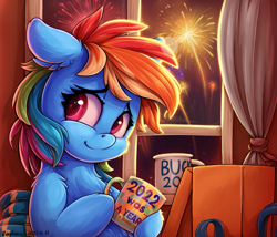 Size: 1209x1036 | Tagged: safe, artist:zeepheru_pone, imported from derpibooru, rainbow dash, pegasus, pony, 2023, cheek fluff, chest fluff, clothes, curtains, cute, dashabetes, ear fluff, female, fireworks, happy new year, holiday, looking at you, mare, mug, night, present, scarf, smiling, solo, window