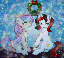 Size: 2996x2720 | Tagged: source needed, safe, alternate version, artist:vokeanemorsa, imported from derpibooru, oc, oc:dreamyway skies, oc:starforce fireline, bat pony, unicorn, :p, accessory, bat pony oc, blushing, chest fluff, christmas, christmas lights, christmas wreath, cute, female, holiday, horn, lesbian, mare, oc x oc, pillow, shipping, shy, sitting, tongue out, unicorn oc, wreath