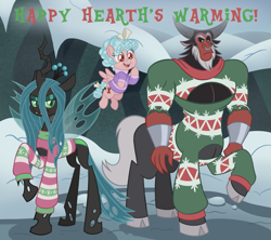 Size: 1825x1623 | Tagged: safe, artist:itoruna-the-platypus, imported from derpibooru, cozy glow, lord tirek, queen chrysalis, centaur, changeling, changeling queen, pegasus, pony, taur, boob window, bracer, christmas changeling, christmas sweater, clothes, cloven hooves, female, filly, flying, foal, hearth's warming, legion of doom, male, nose piercing, nose ring, piercing, snow, sweater