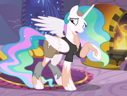 Size: 1460x1095 | Tagged: safe, artist:anonymous, imported from derpibooru, princess celestia, oc, oc:axiom, alicorn, human, bonfire, clothes, fire, heterochromia, human oc, human to alicorn, human to pony, show accurate, torn clothes, transformation