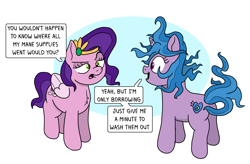 Size: 4068x2672 | Tagged: safe, artist:doodledonutart, imported from derpibooru, izzy moonbow, pipp petals, pegasus, pony, unicorn, alternate hairstyle, butt, g5, izzy being izzy, messy mane, pipp petals is not amused, plot, silly, silly pony, simple background, speech bubble, unamused, white background