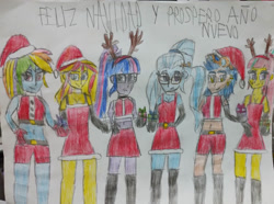 Size: 1037x771 | Tagged: safe, artist:brandonale, imported from derpibooru, indigo zap, rainbow dash, sci-twi, sour sweet, sugarcoat, sunset shimmer, twilight sparkle, human, equestria girls, antlers, christmas, hat, holiday, present, santa hat, traditional art