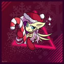 Size: 1800x1800 | Tagged: safe, artist:rejiser, imported from derpibooru, fluttershy, pegasus, pony, abstract background, bell, bell collar, candy, candy cane, christmas, clothes, collar, female, food, hat, holiday, mare, santa hat, solo, sparkles, stockings, thigh highs