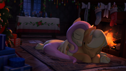 Size: 3840x2160 | Tagged: safe, artist:owlpirate, imported from derpibooru, applejack, fluttershy, earth pony, pegasus, pony, 3d, 4k, appleshy, christmas, christmas stocking, christmas tree, cuddling, cute, eyes closed, female, fire, fireplace, high res, holiday, jackabetes, lesbian, lying down, mare, night, present, prone, shipping, shyabetes, snow, snowfall, source filmmaker, tree, window