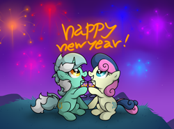 Size: 3548x2619 | Tagged: safe, artist:background basset, imported from derpibooru, bon bon, lyra heartstrings, sweetie drops, earth pony, pony, unicorn, duo, duo female, female, fireworks, glass, grass, grass field, happy new year, holiday, open mouth, text