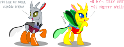 Size: 1602x606 | Tagged: safe, artist:mariofan345, imported from derpibooru, oc, oc only, oc:diamond stripe, oc:dot matrix, changeling, blushing, changeling oc, clothes, compliment, nickelodeon, simple background, socks, spread wings, transparent background, wings