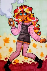 Size: 891x1344 | Tagged: safe, artist:jackytheripperart, imported from derpibooru, sunset shimmer, human, equestria girls, boots, clothes, coffee, leaves, looking at you, shoes, smiling, socks, solo