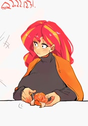 Size: 1400x2000 | Tagged: safe, artist:sozglitch, imported from derpibooru, sunset shimmer, human, big breasts, breasts, busty sunset shimmer, clothes, food, fruit, huge breasts, humanized, looking away, orange, peel, simple background, solo, turtleneck, white background