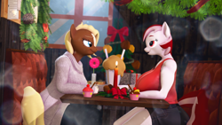 Size: 3840x2160 | Tagged: safe, artist:silkworm205, imported from derpibooru, oc, oc only, oc:jessica, oc:melody, anthro, 3d, bedroom eyes, big breasts, breasts, breasts on table, cake, candle, candlelight dinner, christmas, christmas decoration, christmas tree, clothes, colored eyebrows, cupcake, date, date night, denim, diner, duo, duo female, female, flower, food, holding hands, holiday, jeans, looking into each others eyes, milkshake, nexgen, oc x oc, pants, present, revamped anthros, romantic, shared drink, sharing a drink, shipping, shorts, straw, sweater dress, tanktop, tree, window