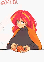 Size: 1400x2000 | Tagged: safe, artist:sozglitch, imported from derpibooru, sunset shimmer, human, big breasts, breasts, busty sunset shimmer, clothes, emanata, food, fruit, huge breasts, humanized, looking at you, orange, peel, simple background, solo, turtleneck, white background