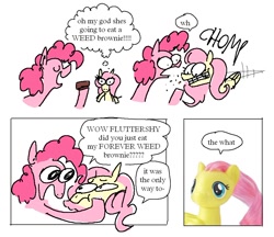 Size: 928x801 | Tagged: safe, artist:punkittdev, imported from derpibooru, fluttershy, pinkie pie, earth pony, pegasus, pony, brownie, chomp, comic, dialogue, drugs, duo, eating, female, forever weed brownie, horsecomix, mare, marijuana, speech bubble, thought bubble, toy, wat