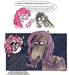 Size: 1072x1154 | Tagged: safe, artist:punkittdev, imported from derpibooru, fluttershy, pinkie pie, earth pony, pegasus, pony, comic, dialogue, drug use, drugs, duo, flutterhigh, forever weed brownie, high, horsecomix, speech bubble
