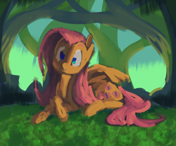 Size: 5400x4461 | Tagged: safe, artist:docwario, imported from derpibooru, fluttershy, pegasus, pony, absurd resolution, crossed hooves, female, forest, head tilt, looking at you, lying down, mare, outdoors, partially open wings, prone, sketch, solo, tree, wings