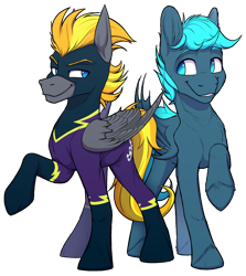 Size: 2018x2259 | Tagged: safe, artist:klarapl, imported from derpibooru, oc, oc only, oc:blaze (shadowbolt), oc:guttatus, bat pony, pegasus, pony, derpibooru community collaboration, 2023 community collab, bat pony oc, clothes, costume, duo, evil, high res, pegasus oc, shadowbolts, shadowbolts costume, simple background, transparent background