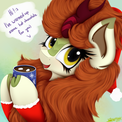 Size: 4000x4000 | Tagged: safe, artist:ser-p, imported from derpibooru, autumn blaze, kirin, awwtumn blaze, bronybait, chocolate, christmas, clothes, cloven hooves, cute, female, food, hat, holiday, hoof hold, hot chocolate, marshmallow, mug, santa hat, smiling, solo