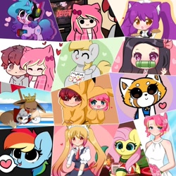 Size: 1040x1034 | Tagged: safe, artist:kittyrosie, imported from derpibooru, applejack, derpy hooves, fluttershy, izzy moonbow, pinkie pie, rainbow dash, rarity, twilight sparkle, alicorn, dragon, eevee, human, pegasus, pony, unicorn, :p, blushing, chocolate, christmas, christmas sweater, christmas tree, clothes, colored hooves, cookie, cute, d.va, dashabetes, demon slayer, derpabetes, eyes closed, female, fire, fireplace, food, g5, happy, headphones, heart, heart eyes, holiday, hoof hold, hot chocolate, izzybetes, kittyrosie is trying to murder us, looking at you, mane six, mare, milk, miss kobayashi's dragon maid, muffin, mug, nezuko kamado, nintendo switch, open mouth, overwatch, pokémon, purple background, pusheen, raspberry, redraw, remake, rsafe, shyabetes, sign, simple background, smiling, starry eyes, sweater, that pony sure does love muffins, tohru, tongue out, tree, twilight sparkle (alicorn), whisker markings, wingding eyes