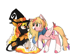 Size: 2048x1536 | Tagged: safe, artist:metaruscarlet, imported from derpibooru, oc, oc only, oc:day dreamer, oc:pumpkin brew, classical unicorn, pegasus, pony, unicorn, derpibooru community collaboration, 2023 community collab, bowtie, cape, clothes, cloven hooves, curved horn, cute, duo, freckles, hat, horn, leonine tail, looking at each other, looking at someone, markings, multicolored hair, open mouth, rainbow hair, raised hoof, scarf, simple background, sitting, transparent background, unshorn fetlocks, witch, witch hat