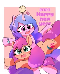 Size: 1673x2048 | Tagged: safe, artist:leo19969525, imported from derpibooru, izzy moonbow, sunny starscout, earth pony, pony, unicorn, 2023, ball, butt, cute, duo, duo female, ears, ears up, female, g5, green eyes, hair, happy new year, happy new year 2023, holiday, horn, horn impalement, hornball, izzy impaling things, izzy's tennis ball, izzybetes, mane, mare, open mouth, plot, purple eyes, sunny starbutt, sunnybetes, tennis ball