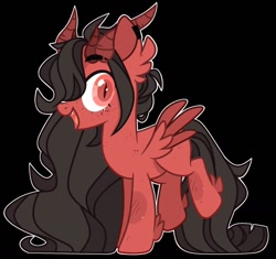 Size: 1410x1327 | Tagged: safe, artist:kreedie, imported from derpibooru, oc, oc only, demon, demon pony, pony, base used, black background, body freckles, colored wings, cute, cute little fangs, ear fluff, eyebrow slit, eyebrows, fangs, feathered fetlocks, female, freckles, long hair, long mane, long tail, mare, red eyes, simple background, slit pupils, small wings, smiling, solo, tail, two toned wings, wings